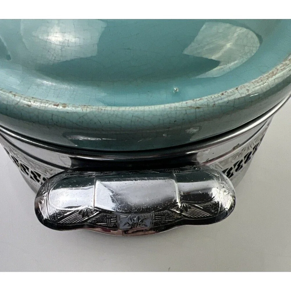 Vintage Faberware Turquoise Ceramic Covered Casserole Dish W/Metal Holder Below: